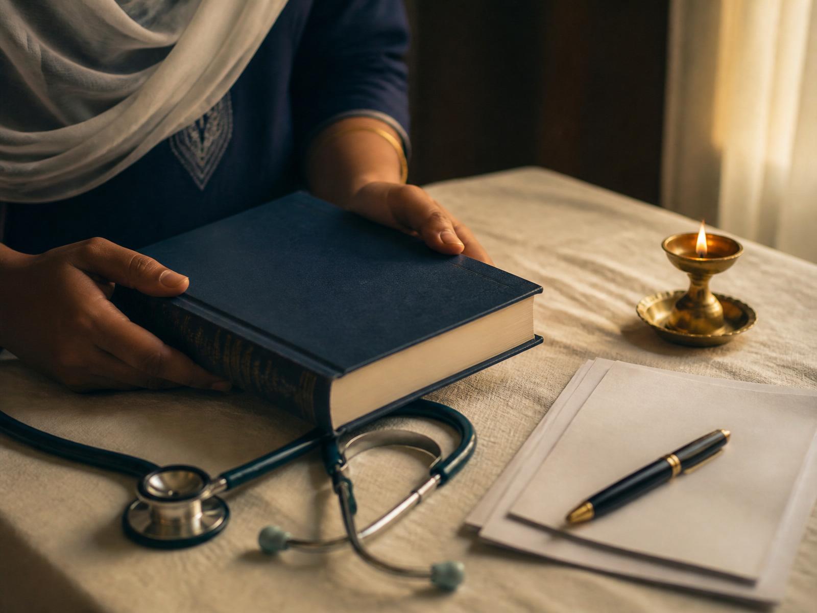 A South Indian student holds a hardcover textbook next to a stethoscope, brass diya and an admission letter in soft golden light